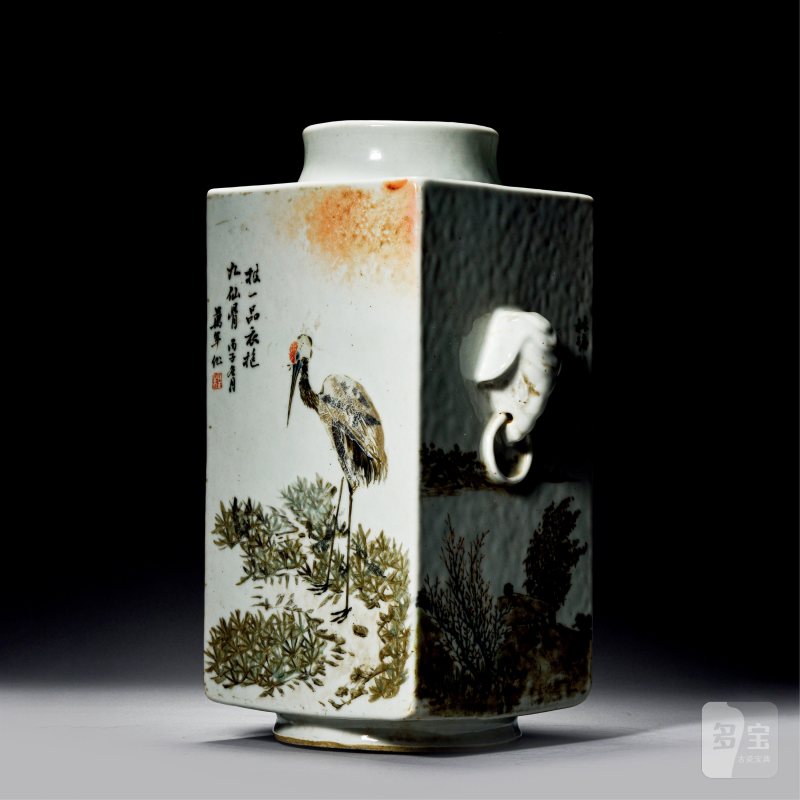 清光绪 程南山浅绛彩山水花鸟琮式瓶